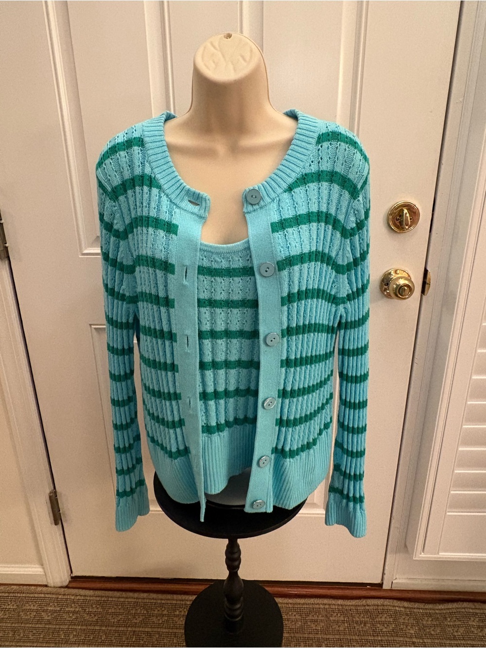 Talbots Aqua and Teal Striped Cardigan + Tank Set